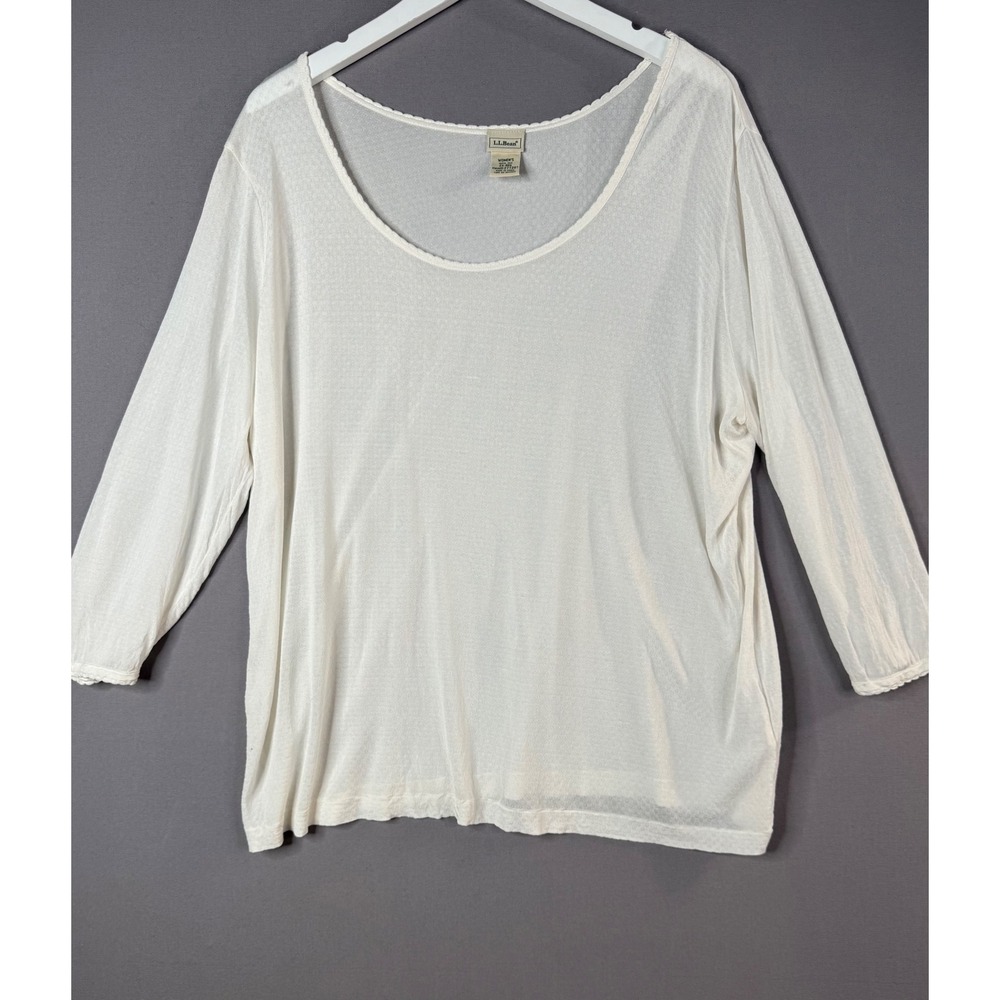 LL Bean Baselayer Top Women 2X Ivory 100% Silk Pointelle 3/4 Sleeve Scoop Neck
